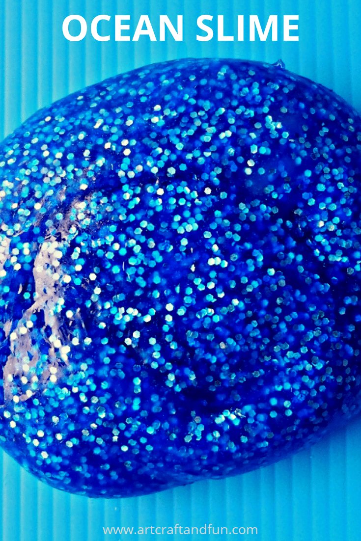 Glittery ocean slime is the easiest slime. And its so gorgeous. A fun activity for the kids. Perfect for any ocean themed party! #oceanslime #slime #kidscraft #kidsactivity