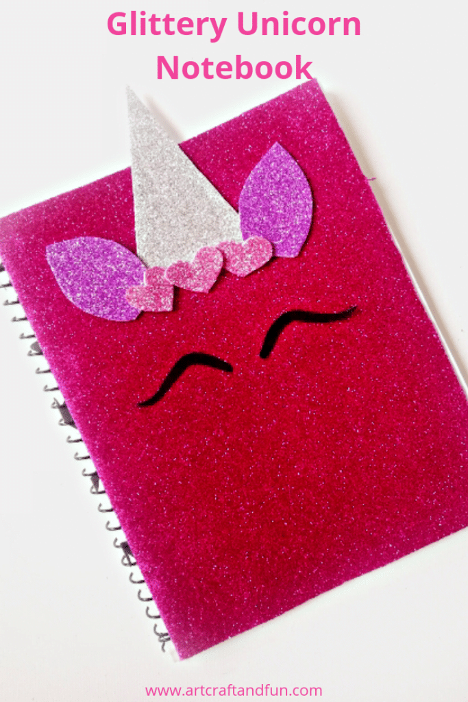 Make this glittery back to school DIY Unicorn Craft Notebook for some magical fun this school year. Sure to be popular with all Unicorn fans. It's super easy to make and turns out so pretty. #unicorncrafts #unicornnotebook #diyunicornnotebook #backtoschoolsupplies #kidscraft #funcraft #diynotebook 