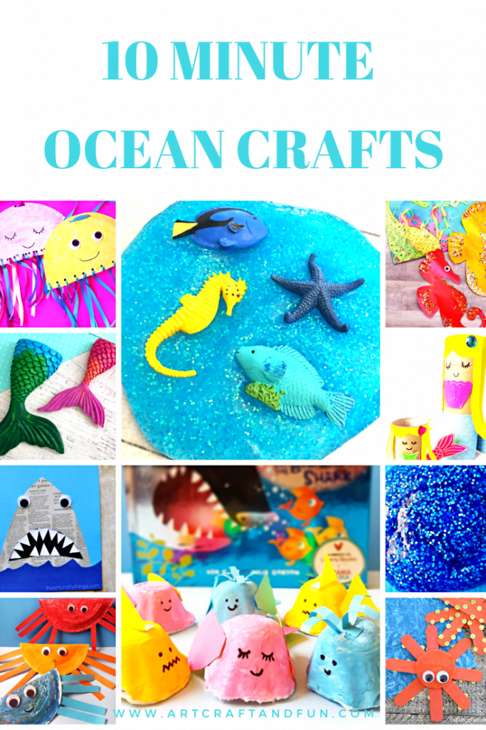Make these super easy 10 Minute Fun Ocean Crafts with your little ones on a rainy day or whenever the mood strikes. These are the best Ocean Crafts ever #oceancrafts #funoceancrafts #sharkcraft #paperplatecraft #eggcartoncraft #popsiclestickcraft#mermaidcrafts#oceanslime#slime