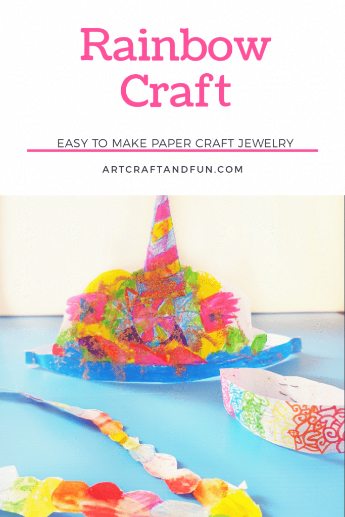 Rainbow Craft Paper Jewelry is the easiest craft you can make today! All you need is some paper, colours and a wild imagination! #rainbowcrafts #funcrafts #easycrafts papercrafts #kidscrafts jewelrycrafts #colourfulcrafts 