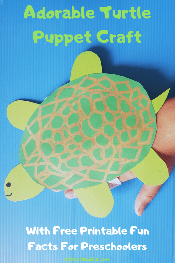 Make this adorable Turtle Craft for preschoolers. It can be turned into a hand puppet for pretend play! Printable fun facts and template included! #turtlecraft #turtlecraftfortoddlers #preschoolcraft #turtlefunfacts #freeprintable #oceancraft