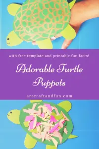 Make this adorable Turtle Craft for preschoolers. It can be turned into a hand puppet for pretend play! Printable fun facts and template included! #turtlecraft #turtlecraftfortoddlers #preschoolcraft #turtlefunfacts #freeprintable #oceancraft