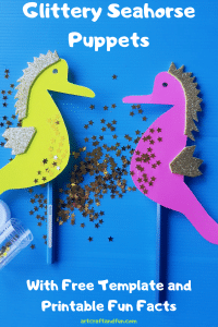 This Glittery Seahorse Craft is perfect for Preschoolers. It can easily turn into a puppet to have story time and pretend play! Don't forget to get your free template and printable fun facts! #seahorsecraft #oceancraft #seahorsecraftforpreschool