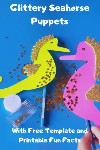 This Glittery Seahorse Craft is perfect for Preschoolers. It can easily turn into a puppet to have story time and pretend play! Don't forget to get your free template and printable fun facts! #seahorsecraft #oceancraft #seahorsecraftforpreschool