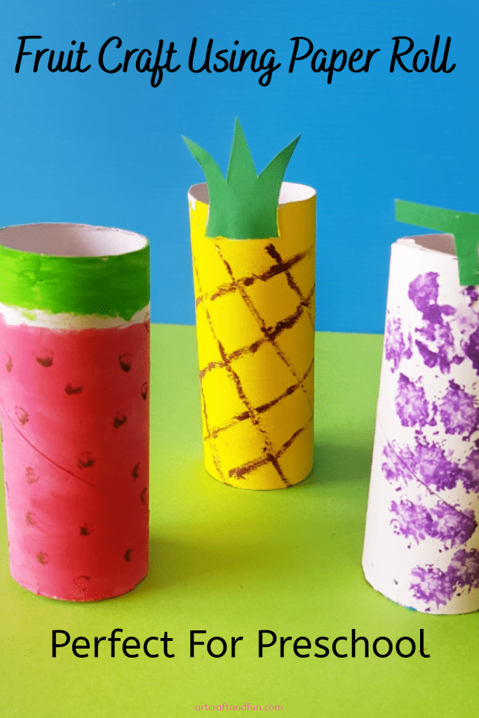 A fun way to teach about healthy eating to your little one. Make this super easy Fruit Craft Using Paper Roll. Its perfect for preschool activity. #preachoolcrafts #paperrollcraft toiletpaperrollcraft #fruitcraft