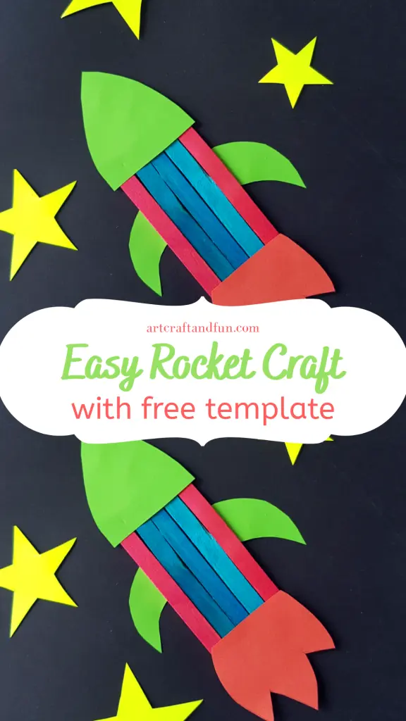 Make this super Easy Rocket Craft with your preschooler today. All you need is some Popsicle sticks and a bit of imagination.It comes with a FREE Template. #rocketcraft #rocketcraftforpreschool #Popsiclestickrocketcraft #popsiclestickcraft #preschoolcraft