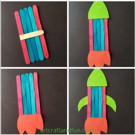 Make this super Easy Rocket Craft with your preschooler today. All you need is some Popsicle sticks and a bit of imagination.It comes with a FREE Template. #rocketcraft #rocketcraftforpreschool #Popsiclestickrocketcraft #popsiclestickcraft #preschoolcraft
