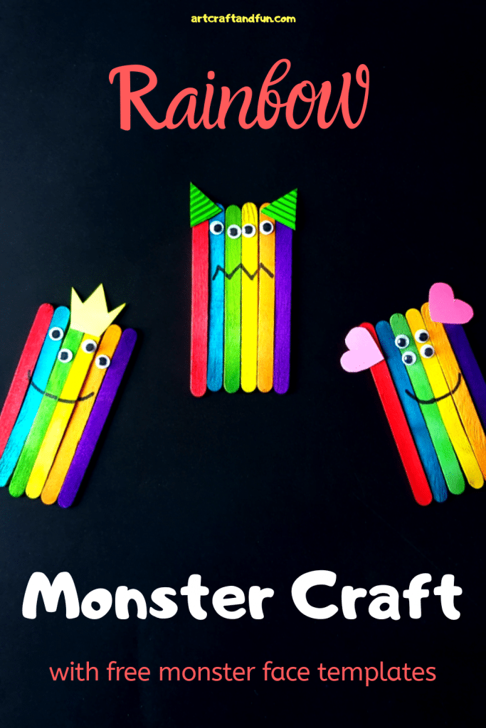 This Rainbow Monster Craft is super easy to make and tons of fun to play with. It comes with free Monster Face Templates as well. #Monstercraft #Rainbowcraft #Popsiclestickcraft