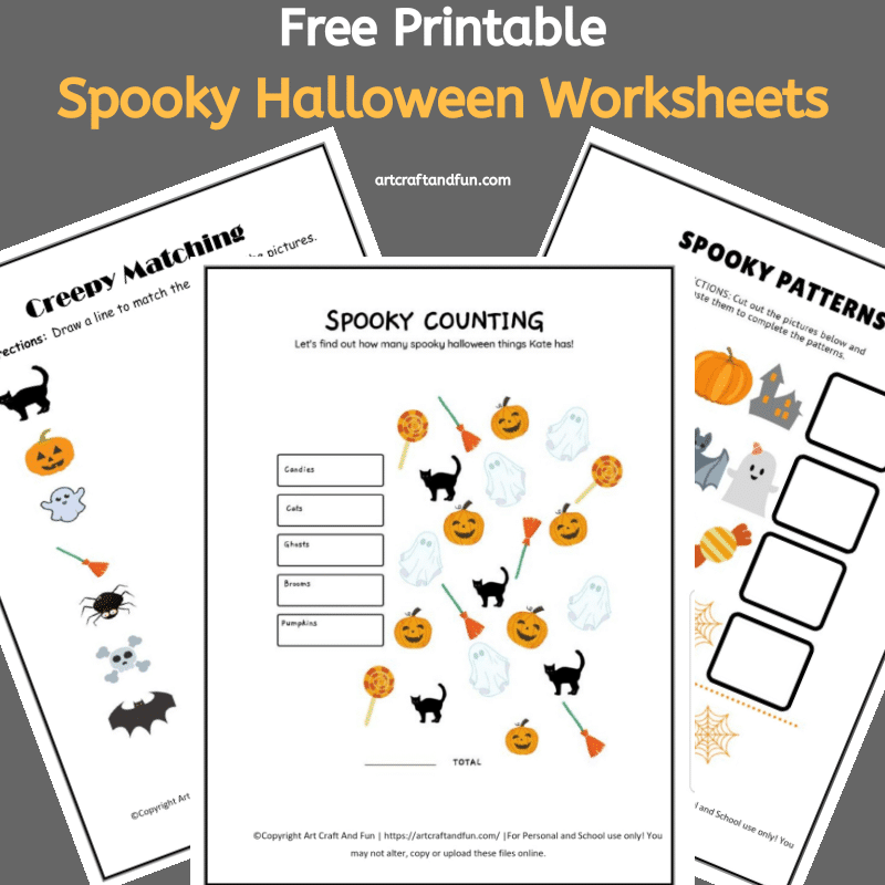 Grab this pack of FREE Spooky Halloween Worksheets for your kids today! These colorful and easy worksheets are perfect for preschoolers. #freeworksheets #freeprintables #halloweenworksheets #freehalloweenworksheets