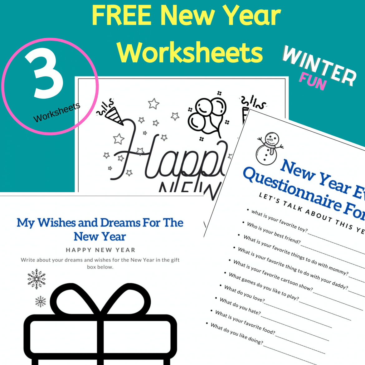 Get 3 Free Printable New Year Worksheets along with fun winter activities ideas for this New Year's Eve! Perfect for creating beautiful keepsake memories with your kids. #freenewyearworksheets #freewinterworksheets #newyearactivitesforkids