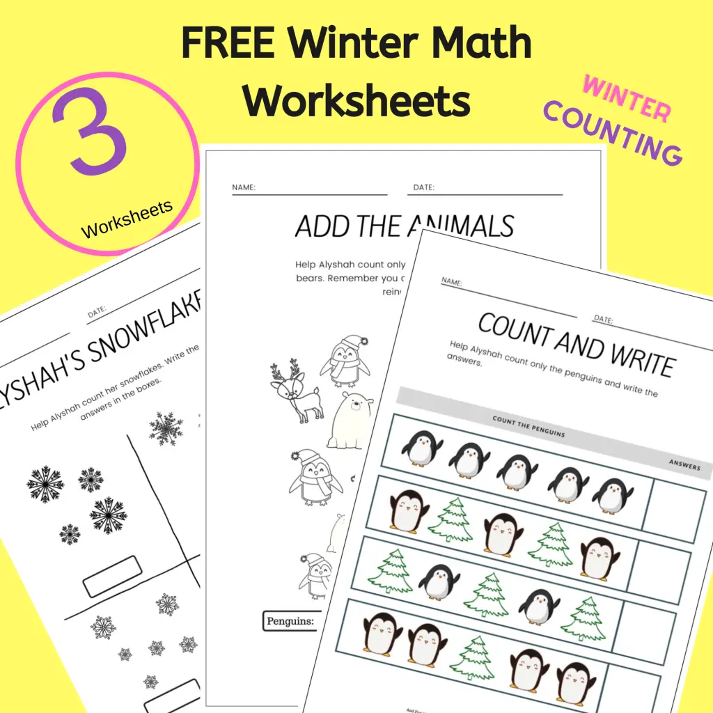 Grab this pack of three winter themed Math Worksheets For Kindergarten today! #freeprintable #mathworksheets #mathworksheetsforkindergarten #countingworkinfs #printable #winterworksheets